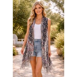 Soft Surroundings Paisley Embroidered Fringe Vest Kimono Black White One Size